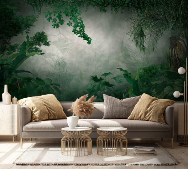 Forêt brumeuse avec plantes et arbres Forêt brumeuse avec plantes et arbres