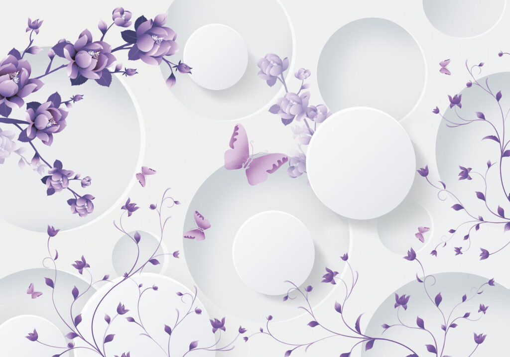 Fleurs violettes et cercles blancs avec papillons violets Fleurs violettes et cercles blancs avec papillons violets