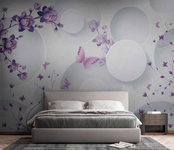 Fleurs violettes et cercles blancs avec papillons violets Fleurs violettes et cercles blancs avec papillons violets