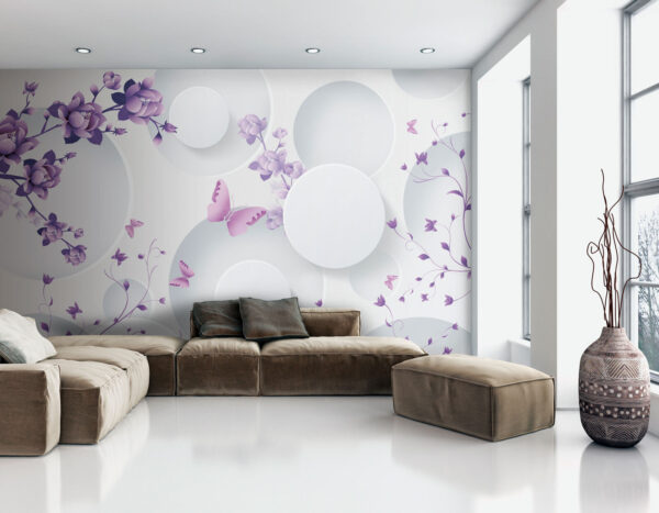 Fleurs violettes et cercles blancs avec papillons violets Fleurs violettes et cercles blancs avec papillons violets