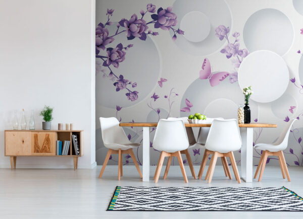 Fleurs violettes et cercles blancs avec papillons violets Fleurs violettes et cercles blancs avec papillons violets