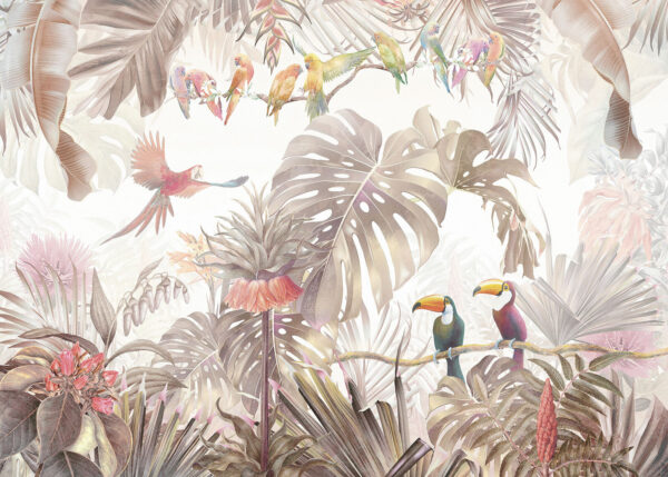 Groupe d'oiseaux sur une branche entourée de plantes tropicales Groupe d'oiseaux sur une branche entourée de plantes tropicales