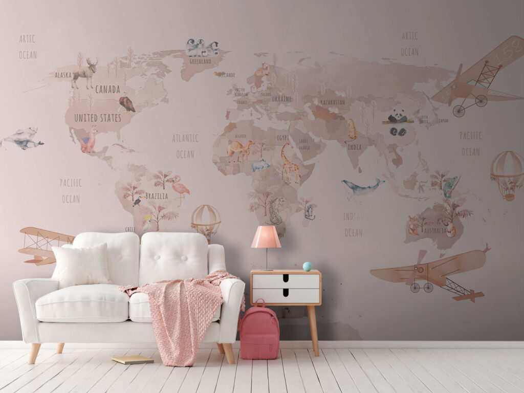 Map of the world with animals and birds Map of the world with animals and birds