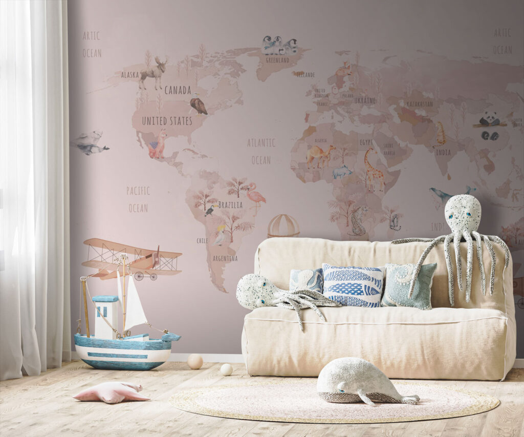 Map of the world with animals and birds Map of the world with animals and birds