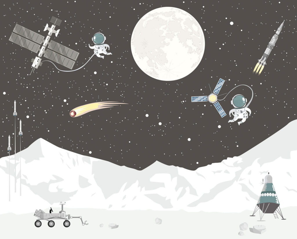 Scène spatiale avec une lune et un satellite Scène spatiale avec une lune et un satellite