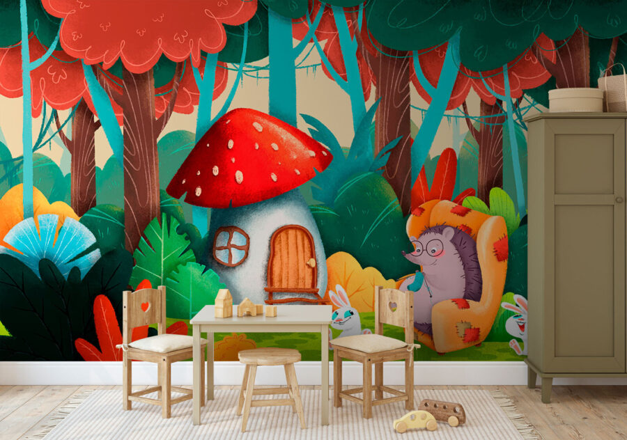 Caricature d'un hérisson assis sur une chaise dans une forêt