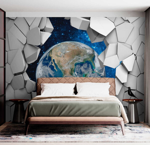 La planète Terre passe à travers un trou dans le mur La planète Terre passe à travers un trou dans le mur