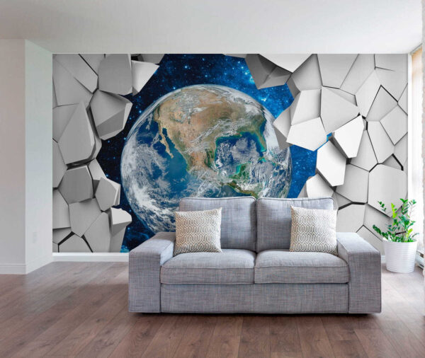 La planète Terre passe à travers un trou dans le mur La planète Terre passe à travers un trou dans le mur