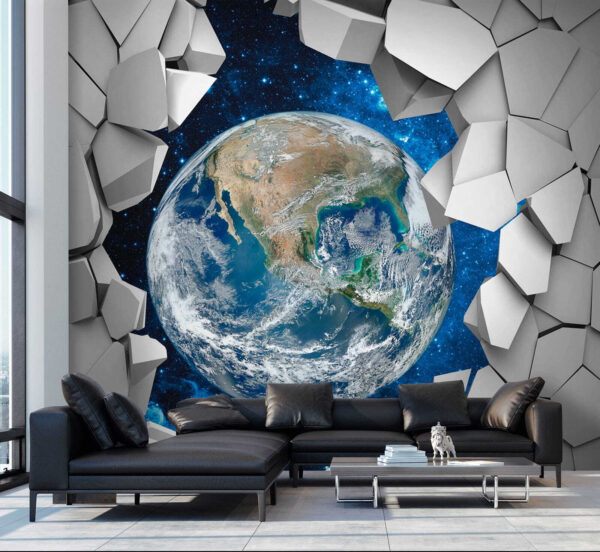 La planète Terre passe à travers un trou dans le mur La planète Terre passe à travers un trou dans le mur