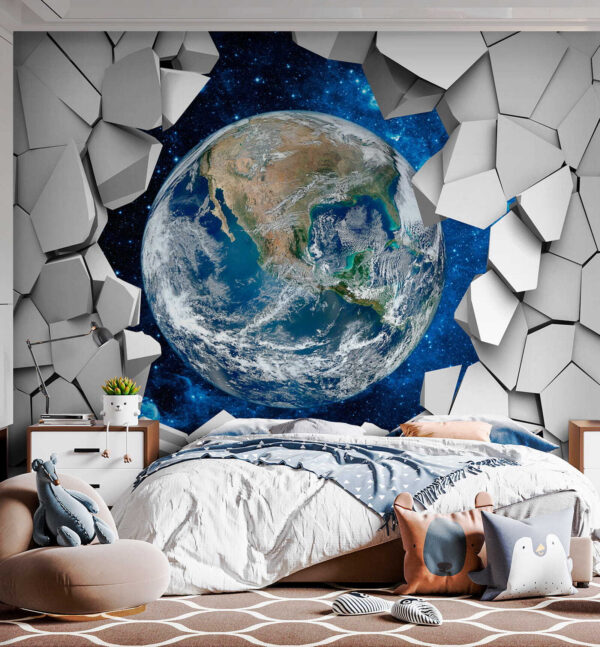 La planète Terre passe à travers un trou dans le mur La planète Terre passe à travers un trou dans le mur