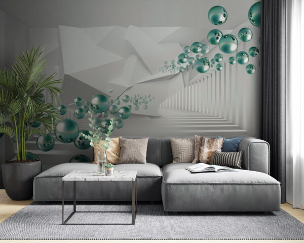 Pièce blanche avec des murs blancs, des colonnes blanches et des boules vertes Pièce blanche avec des murs blancs, des colonnes blanches et des boules vertes