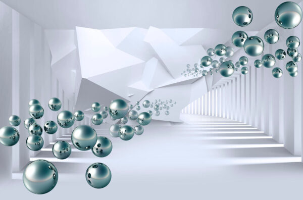 White room with white walls and white columns and silver balls White room with white walls and white columns and silver balls