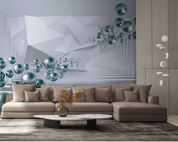 White room with white walls and white columns and silver balls White room with white walls and white columns and silver balls