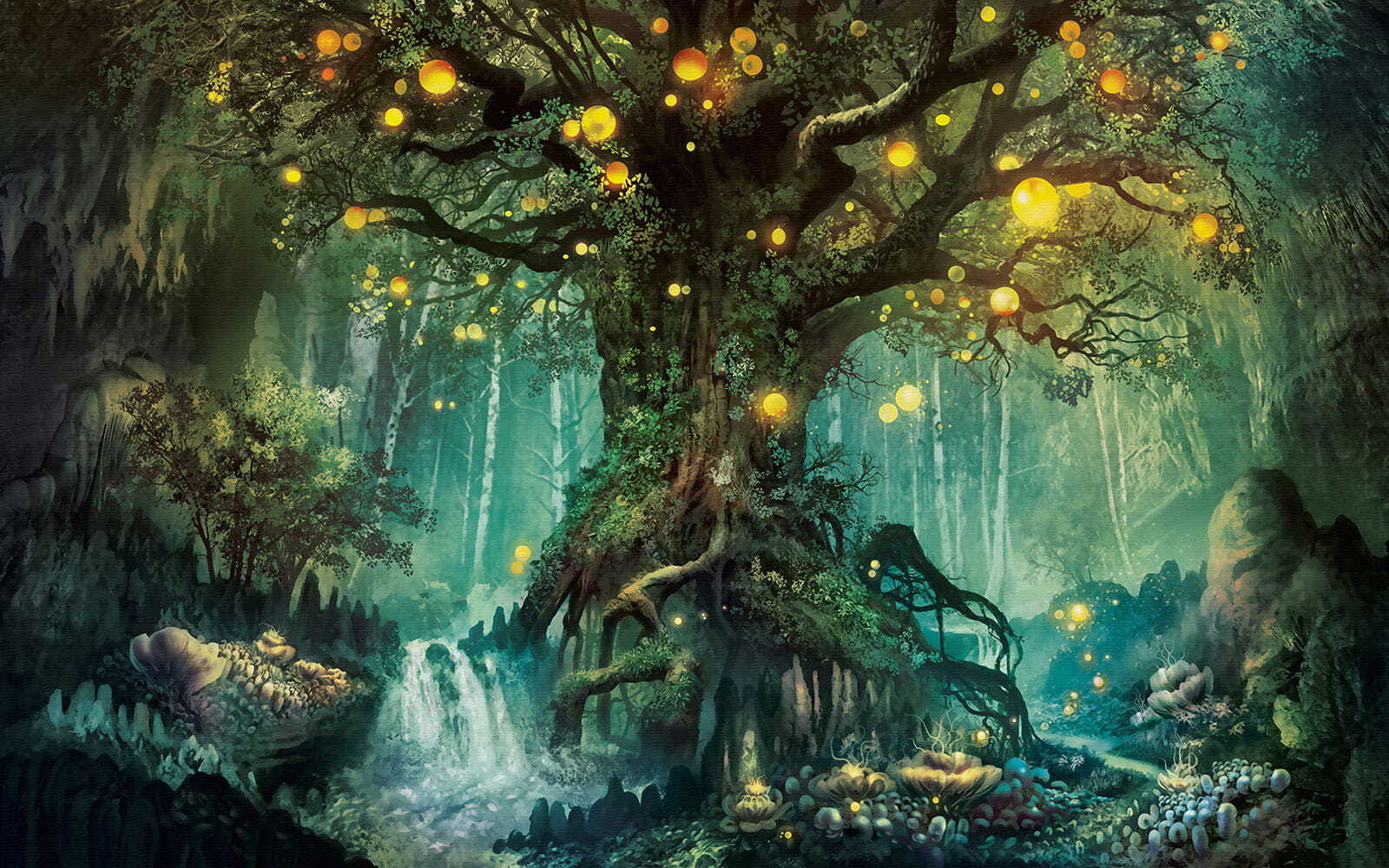 Painting of a tree with lights on it