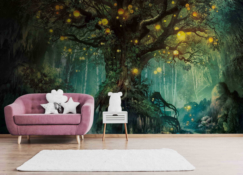 Painting of a tree with lights on it