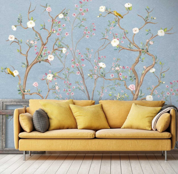 Peinture murale d'un arbre avec des fleurs et des oiseaux Peinture murale d'un arbre avec des fleurs et des oiseaux