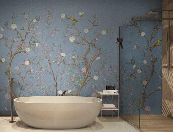 Peinture murale d'un arbre avec des fleurs et des oiseaux Peinture murale d'un arbre avec des fleurs et des oiseaux