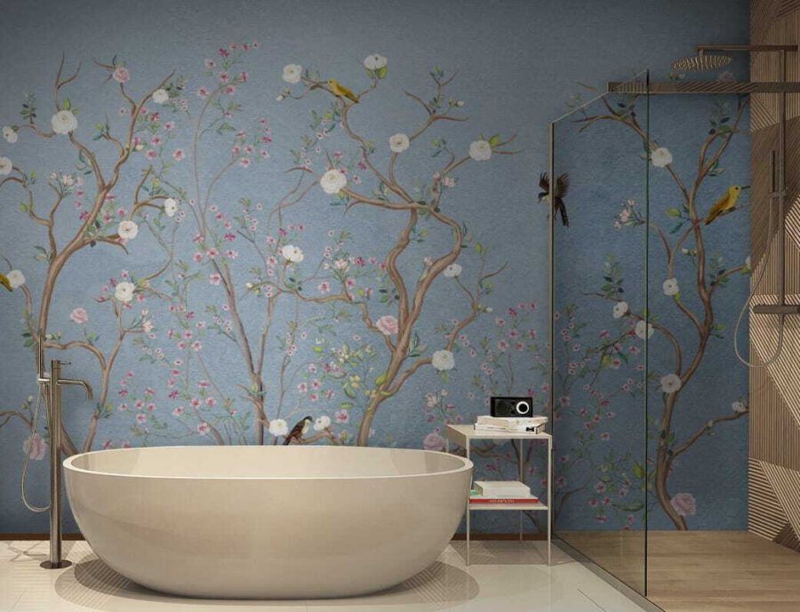 Peinture murale d'un arbre avec des fleurs et des oiseaux Peinture murale d'un arbre avec des fleurs et des oiseaux