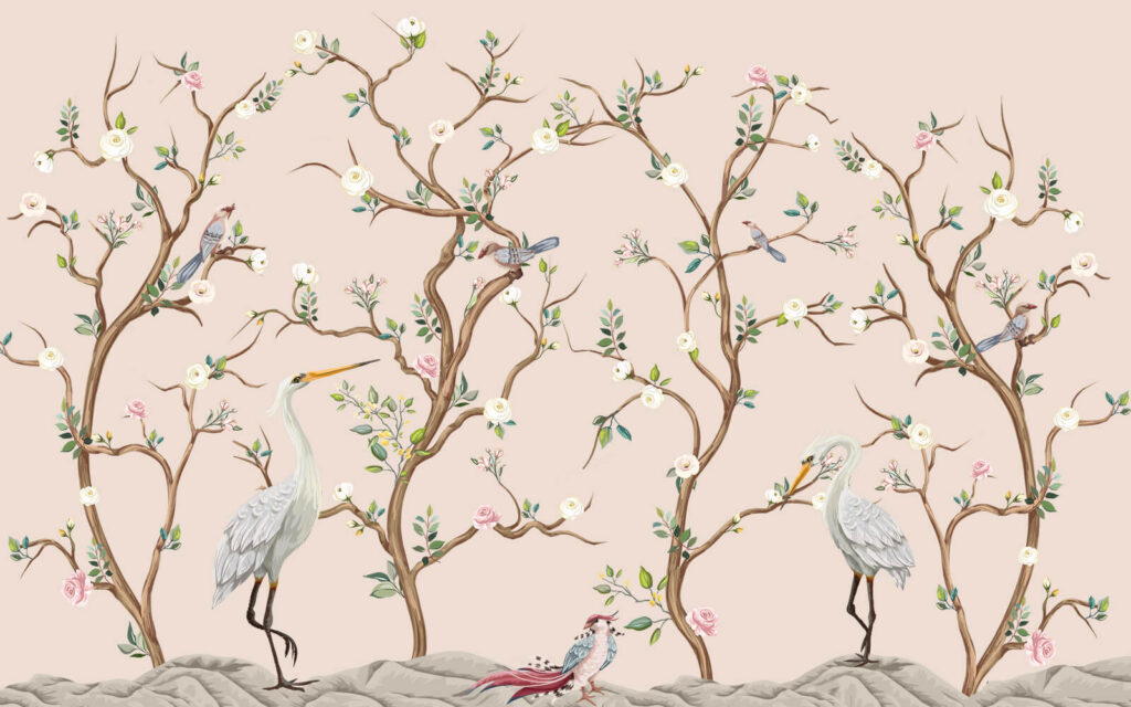 Papier peint avec des oiseaux et des fleurs Papier peint avec des oiseaux et des fleurs