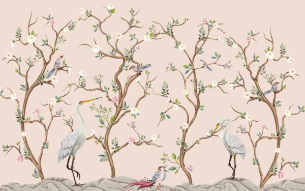Papier peint avec des oiseaux et des fleurs Papier peint avec des oiseaux et des fleurs