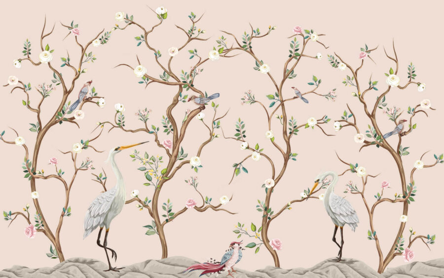 Papier peint avec des oiseaux et des fleurs