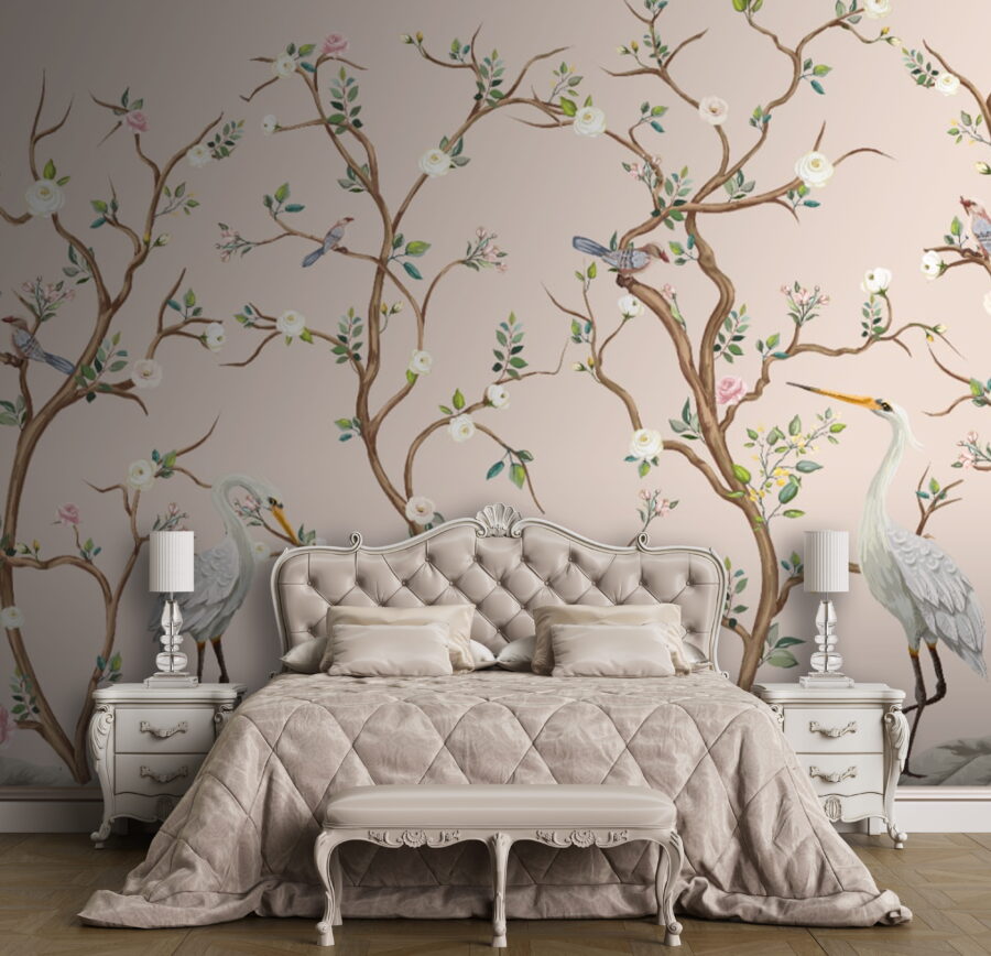 Papier peint avec des oiseaux et des fleurs