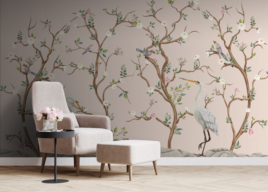 Papier peint avec des oiseaux et des fleurs