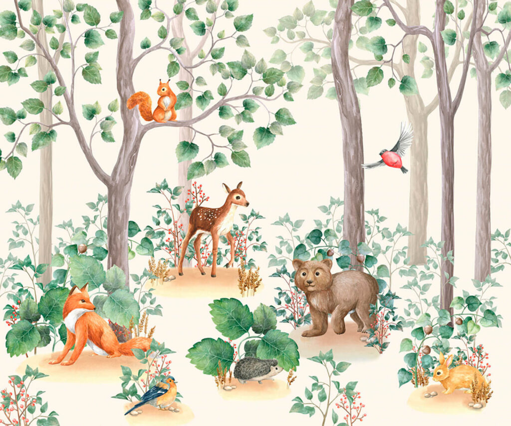 Papier peint avec des animaux dans la forêt Papier peint avec des animaux dans la forêt