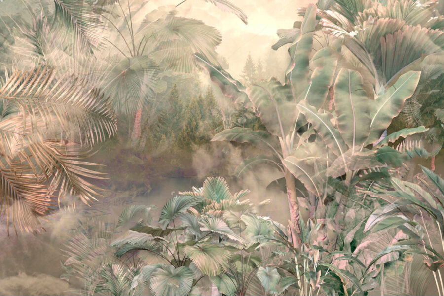 Forêt brumeuse avec arbres et plantes