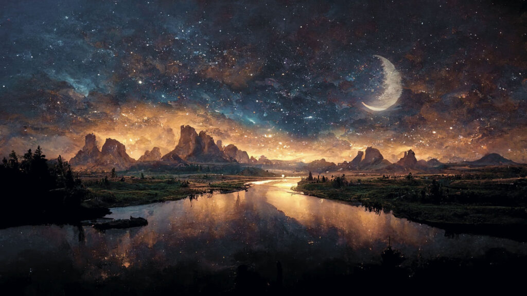 Rivière avec une lune dans le ciel Rivière avec une lune dans le ciel