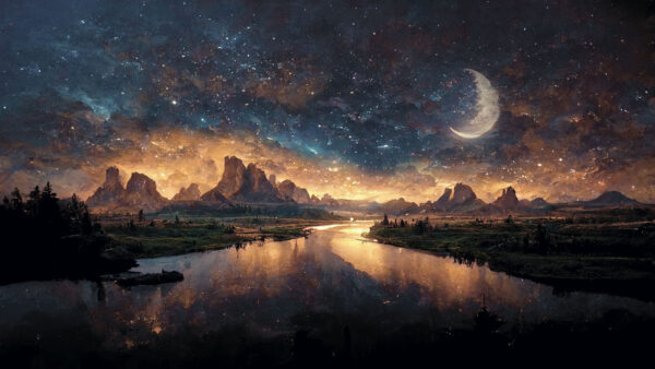 Rivière avec une lune dans le ciel Rivière avec une lune dans le ciel