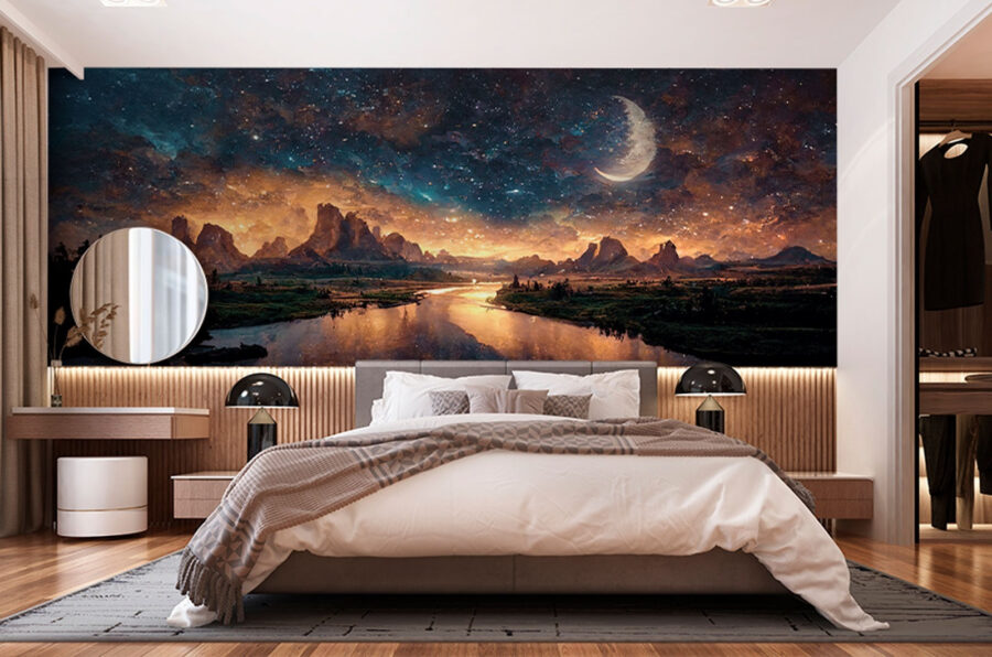 Rivière avec une lune dans le ciel Rivière avec une lune dans le ciel