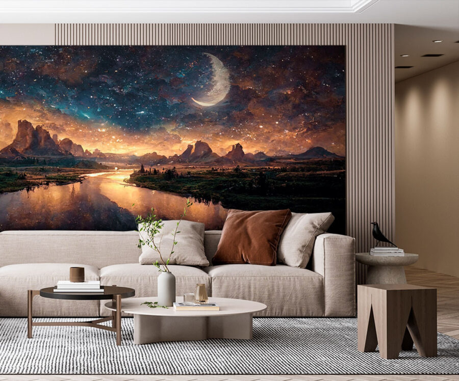 Rivière avec une lune dans le ciel Rivière avec une lune dans le ciel