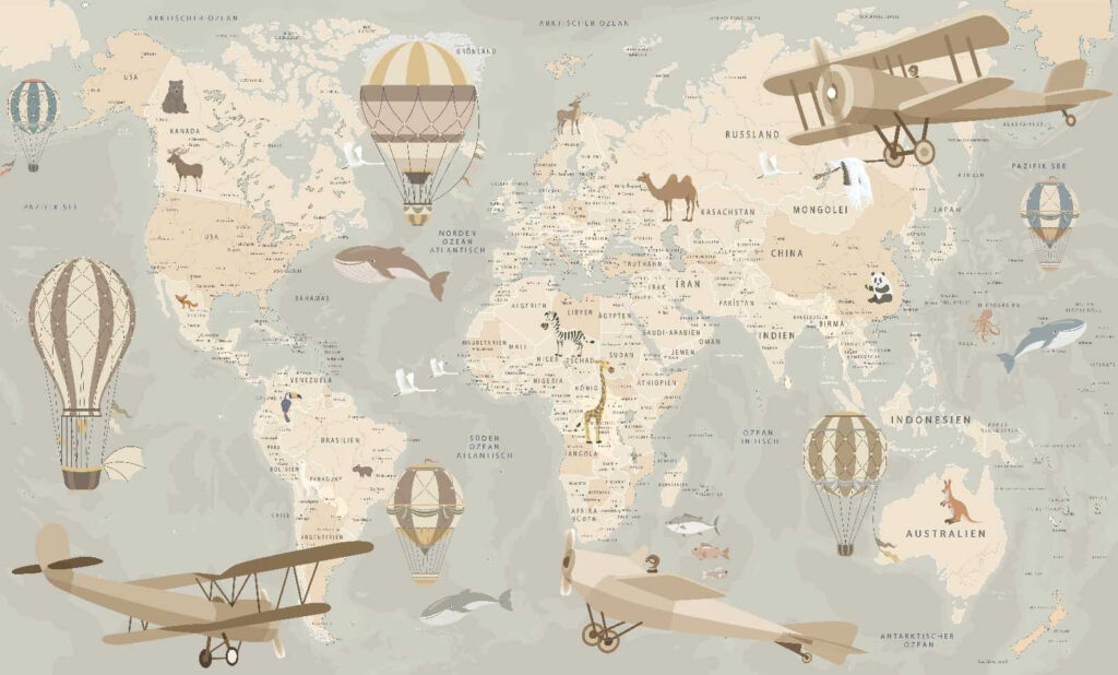 Carte du monde avec avions et montgolfières Carte du monde avec avions et montgolfières
