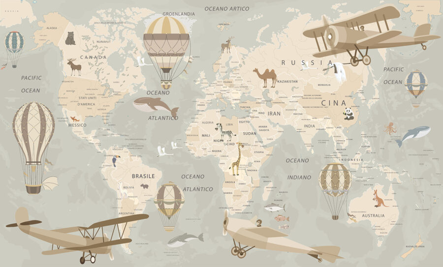 Papier peint Carte du monde avec avions et montgolfières – Image 4
