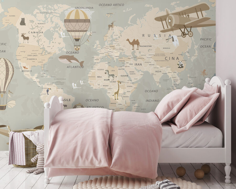 Papier peint Carte du monde avec avions et montgolfières – Image 2