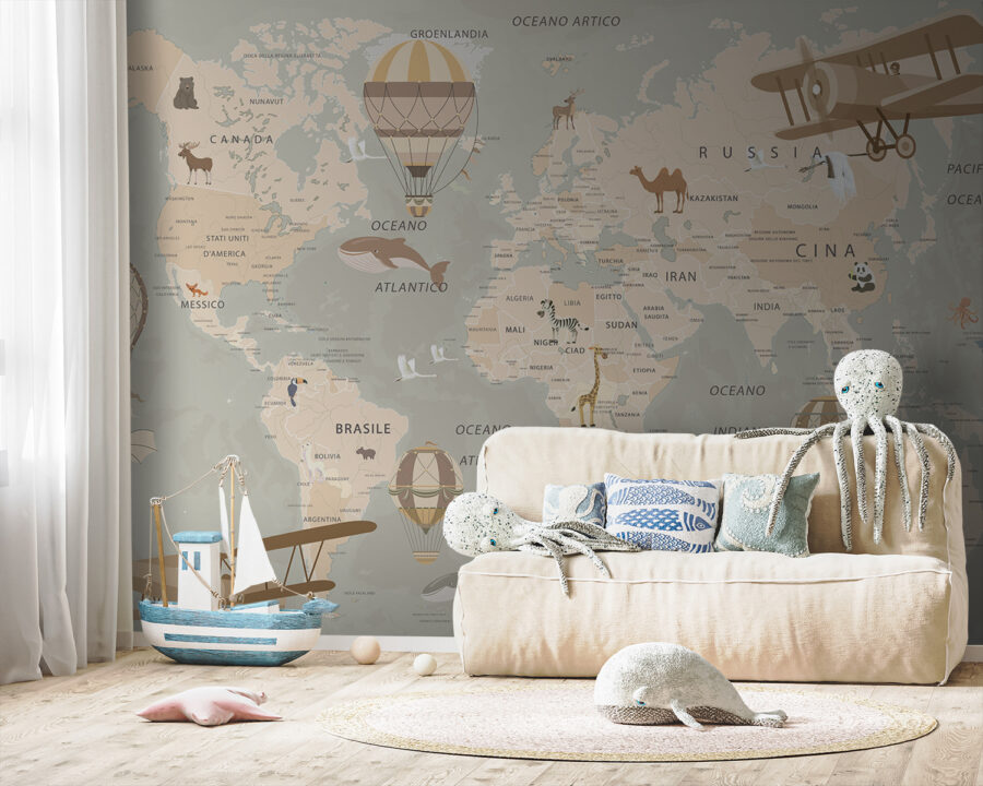 Papier peint Carte du monde avec avions et montgolfières