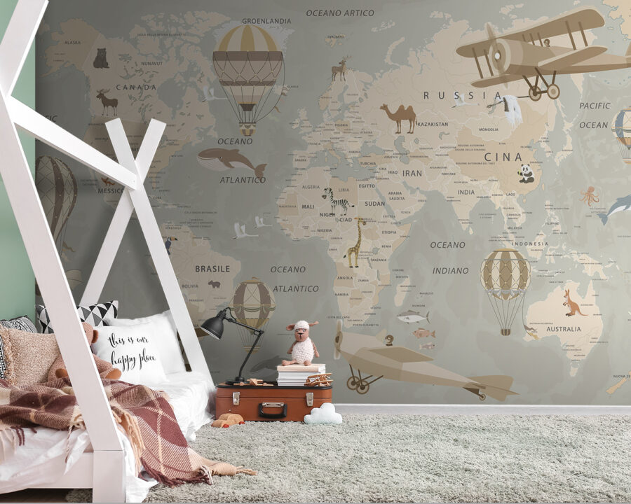 Papier peint Carte du monde avec avions et montgolfières – Image 3