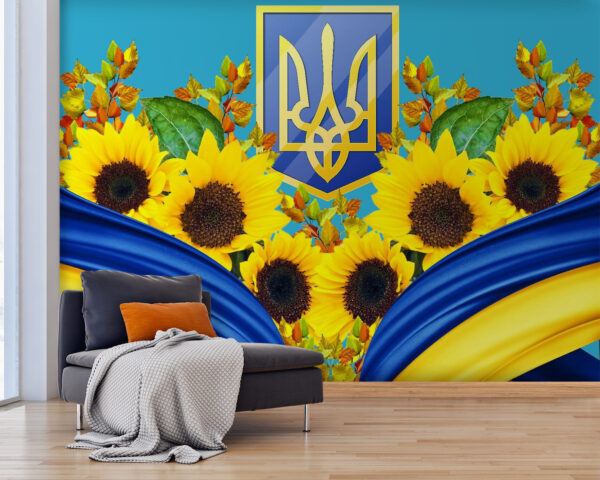 Groupe de tournesols et rideau bleu et jaune Groupe de tournesols et rideau bleu et jaune