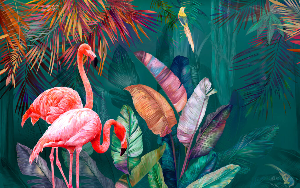 Flamants et feuilles colorées Flamants et feuilles colorées