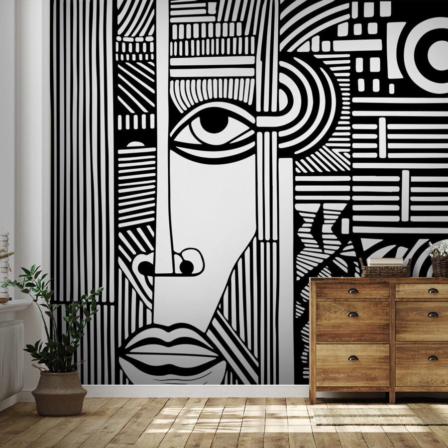 Dessin d'un visage en noir et blanc