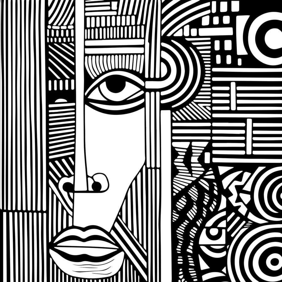 Dessin d'un visage en noir et blanc