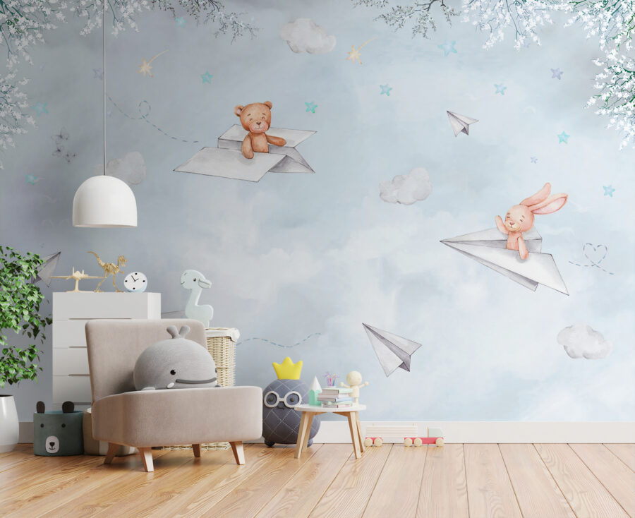 Un avion en papier et des ours en peluche