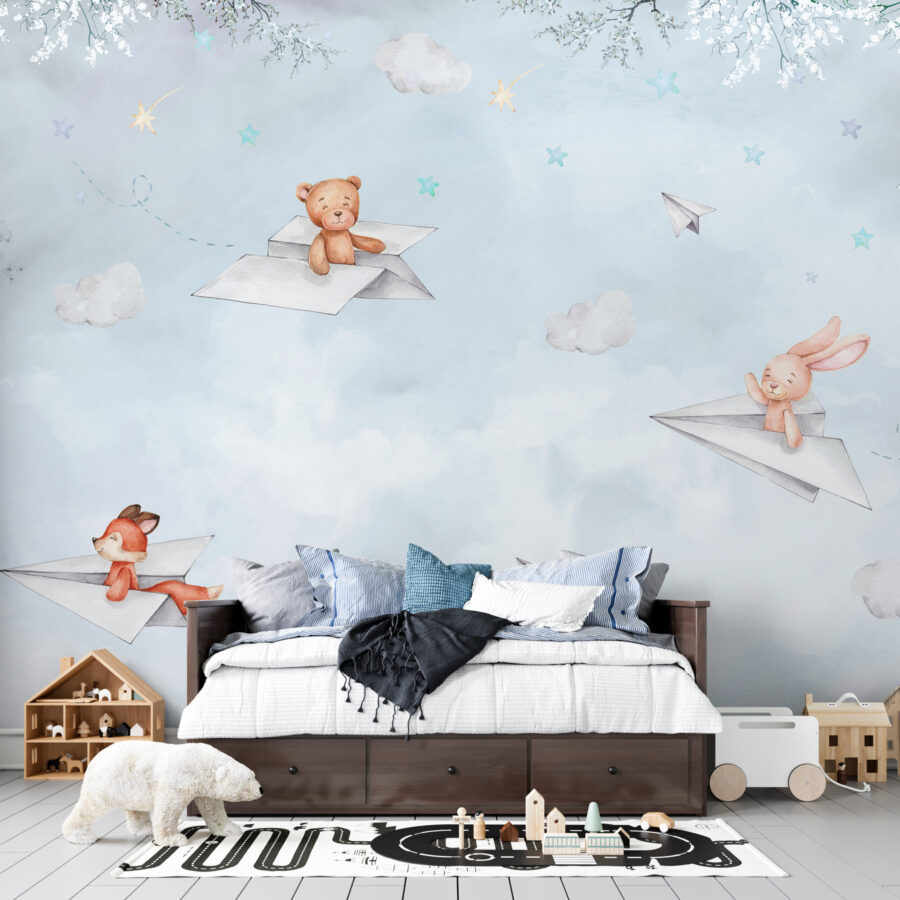 Un avion en papier et des ours en peluche