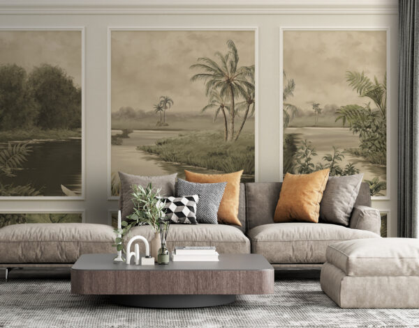 Un mur avec une peinture d'arbres et une rivière Un mur avec une peinture d'arbres et une rivière