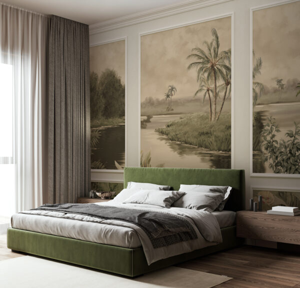 Un mur avec une peinture d'arbres et une rivière Un mur avec une peinture d'arbres et une rivière