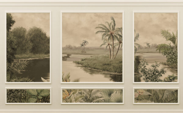 Un mur avec une peinture d'arbres et une rivière Un mur avec une peinture d'arbres et une rivière