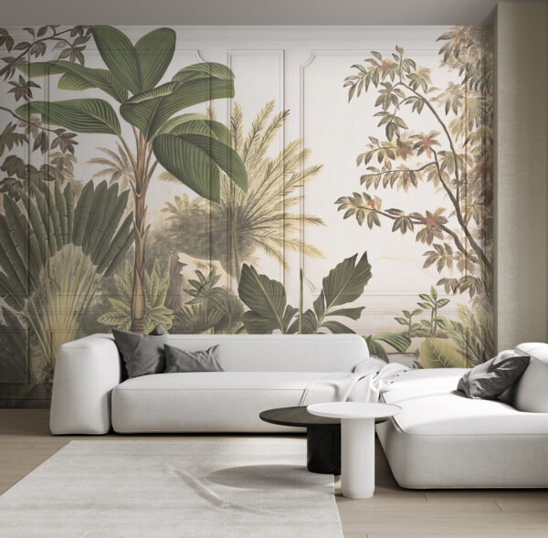Un papier peint avec une peinture d'arbres et de plantes Un papier peint avec une peinture d'arbres et de plantes
