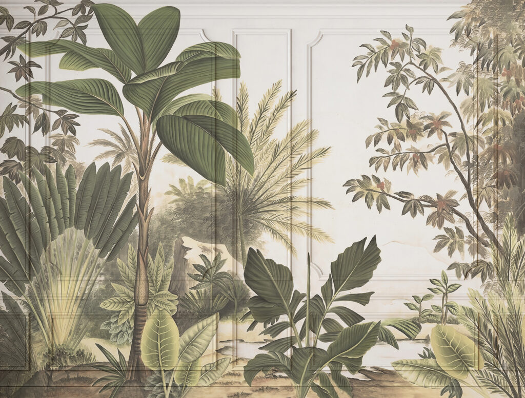 Un papier peint avec une peinture d'arbres et de plantes Un papier peint avec une peinture d'arbres et de plantes