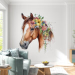 Papier peint Une aquarelle d'un cheval avec des fleurs sur la tête